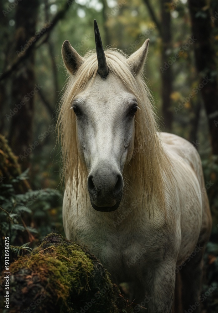 Obraz premium majestic white unicorn portrait in a lush, mystical forest setting