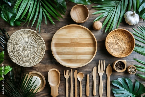 Wooden Utensils and Plates on Tropical Leaf Decorated Table