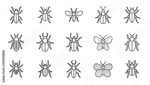 Minimalist insect and bug outline icons set on white background.