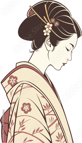 Elegant geisha in traditional Japanese kimono with floral designs and hair ornaments