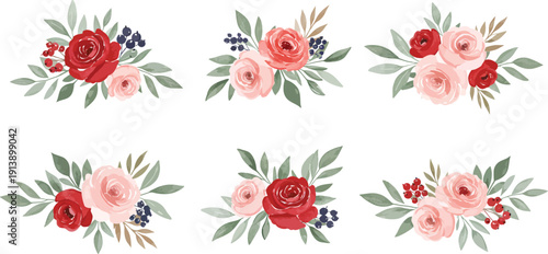 Watercolor floral arrangements in pastel colors on white background