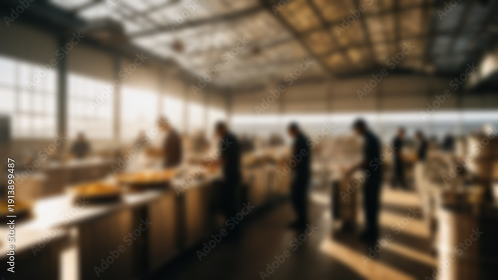 Obraz premium Blurred background of Modern disaster-response kitchen setup with portable stainless cooking units and stacked food containers, open industrial hangar-style background with high metal ceiling, golden.