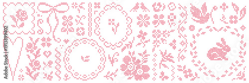Hand drawn cross-stitch embroidery element asset pack. Frame, bow, border, flower, pattern and ornament. Isolated vector shape.