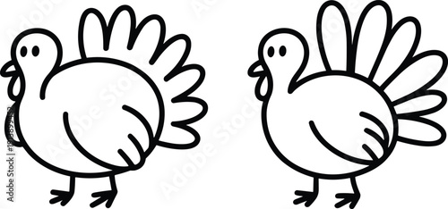 Cute turkey outline illustration set, black and white cartoon thanksgiving bird coloring page for kids farm animal clipart printable design