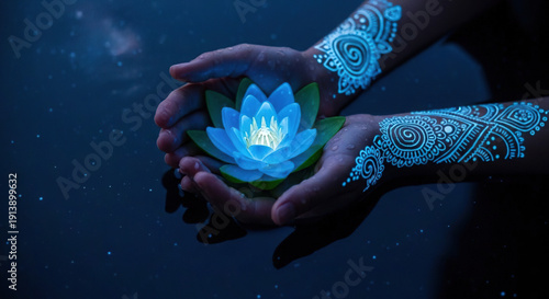 Wallpaper Mural Hands Gently Cradling Glowing Blue Lotus Flower Torontodigital.ca