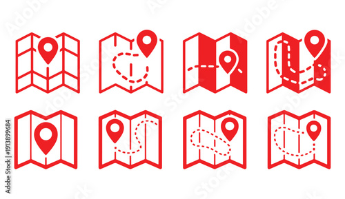 Map and location symbols set. Mapping icon collection. Geolocation map path distance. GPS cartography position. Pinpoint, map search, route, navigator - stock vector.