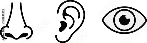 Human senses line icons set – nose, ear and eye black outline symbols isolated on white