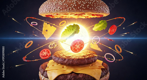 Wallpaper Mural Double burger with cheese, lettuce, tomato, onion rings, pickles Torontodigital.ca