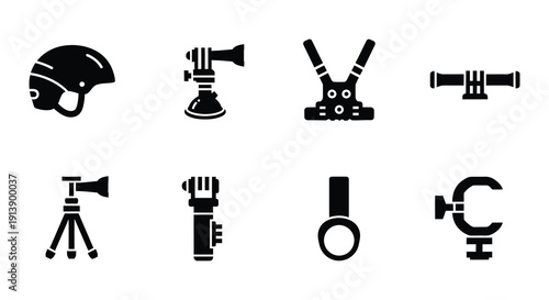 Black silhouette icons depicting various outdoor and safety equipment