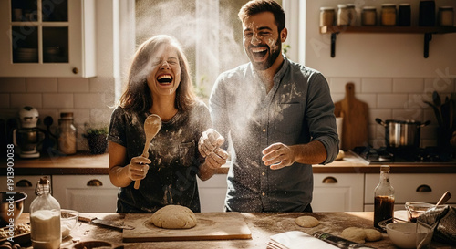 Wallpaper Mural Couple laughing while baking bread in a cozy kitchen Torontodigital.ca