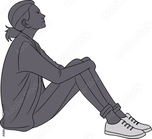 Young woman sitting on the ground with knees bent, looking up and away, depicted in a minimalist flat vector illustration with a charcoal gray silhouette and white outlines