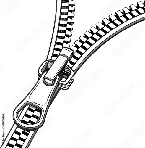 Unzipping metal zipper with a shiny puller and teeth, depicted in a detailed black and white vector illustration, isolated on a transparent background.