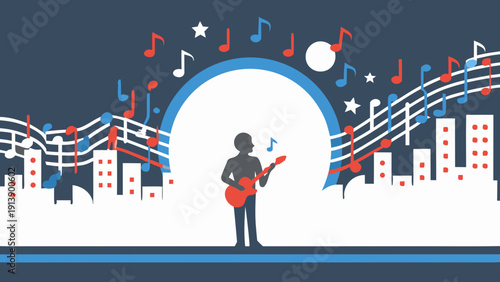 Silhouette of a guitarist playing music in a cityscape at night with musical notes and stars