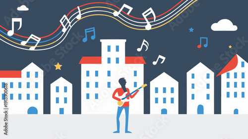Flat illustration of a standing guitarist playing music in front of white buildings at night with musical notes floating around