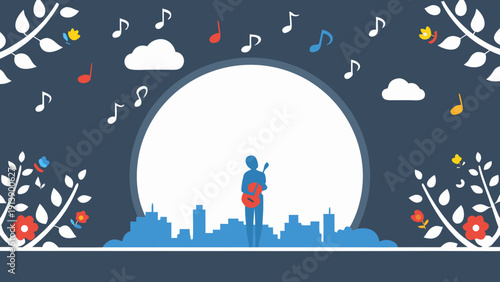 Lonely musician plays guitar on city skyline at night with musical notes and flowers