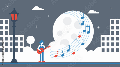 Person playing guitar under moonlight with musical notes floating in the night air amidst cityscape
