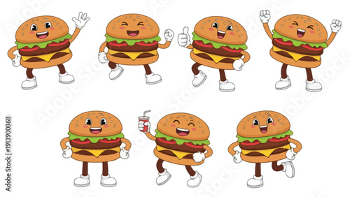 Happy Burger Characters with Various Expressions and Poses, Vector Food Illustration