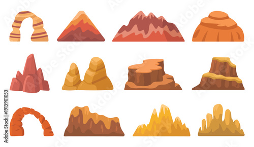 Desert Cliffs, vector icon collection featuring brown cracked mountains, canyon and rocky landscape elements, minimalistic desert terrain pieces, cartoon-style construction graphics, arid land illustr
