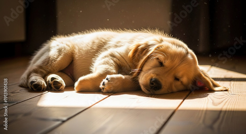 Wallpaper Mural Puppy sleeping on wooden floor in sunlight Torontodigital.ca