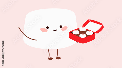 Cute marshmallow character holding chocolate box with marshmallows sweet treat concept pink background