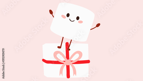 Happy marshmallow character standing on a gift box with red ribbon on pink background smiling and playful