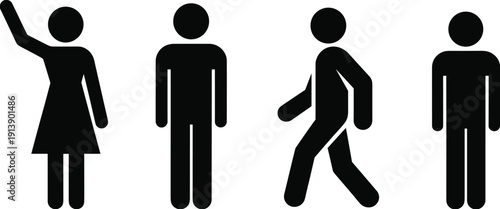 Male and female restroom pictogram icons set, black human silhouettes in standing and walking poses, gender symbol vector illustration