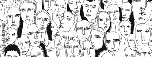 hand drawn vector illustration black and white background of abstract human faces  and heads concept of humanity 
