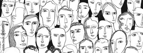 hand drawn vector illustration black and white background of abstract human faces  and heads concept of humanity 