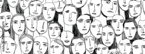 hand drawn vector illustration black and white background of abstract human faces  and heads concept of humanity 