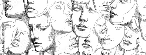 hand drawn vector illustration black and white background of abstract human faces  and heads concept of humanity 