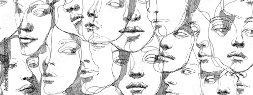 hand drawn vector illustration black and white background of abstract human faces  and heads concept of humanity 