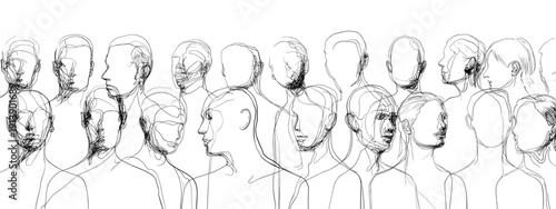 hand drawn vector illustration black and white background of abstract human faces  and heads concept of humanity 
