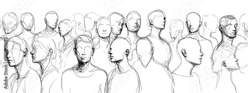 hand drawn vector illustration black and white background of abstract human faces  and heads concept of humanity 