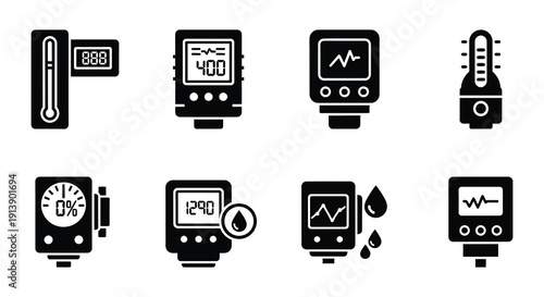 Medical diagnostic tools and devices illustrated in a black and white style