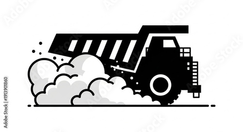 Black dump truck releasing a large cloud of dust.