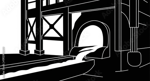 Industrial water drainage system with pipes and tunnel.