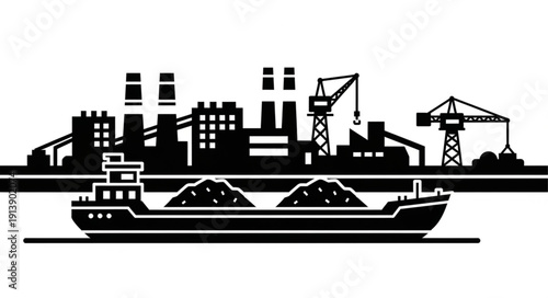 Industrial cargo ship docked at a busy port with cranes and warehouses.