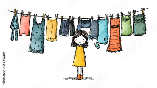 clothes hanging on a clothesline with girl vector illustration of homework washing 
