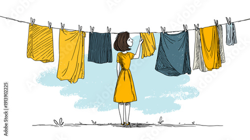 clothes hanging on a clothesline with girl vector illustration of homework washing 
