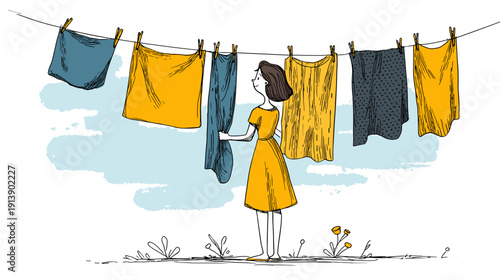 clothes hanging on a clothesline with girl vector illustration of homework washing 