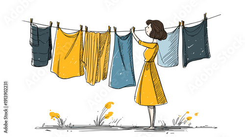 clothes hanging on a clothesline with girl vector illustration of homework washing laundry drying 