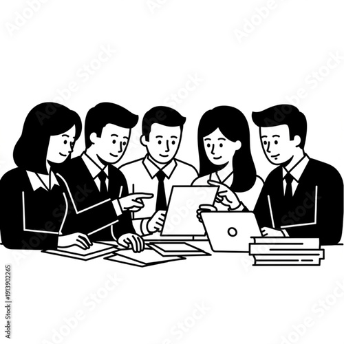 Group of business professionals collaborating around a table with laptops and documents.