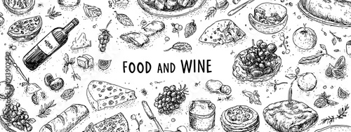Food and Wine vector banner poster isolated on white background