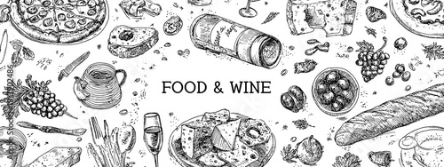 Food and Wine vector banner poster isolated on white background