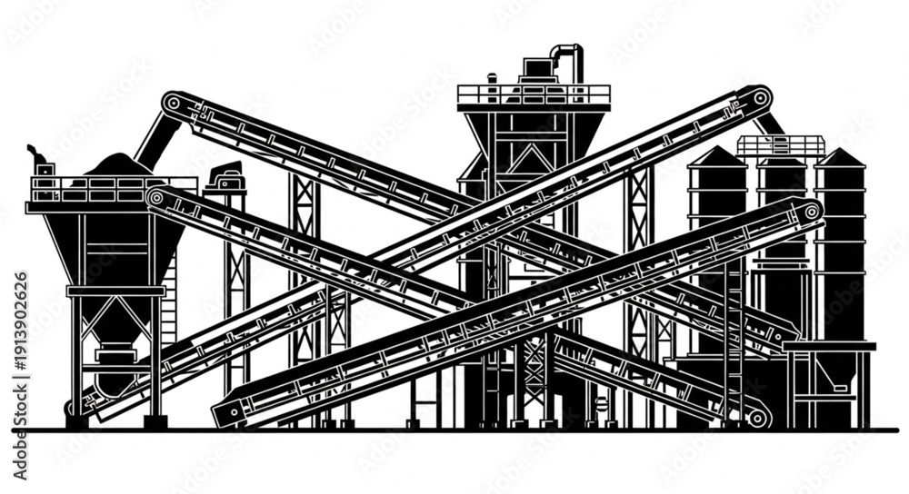 Fototapeta premium Industrial facility with conveyor belts and processing equipment.