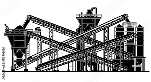 Industrial facility with conveyor belts and processing equipment.