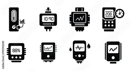 Medical diagnostic tools and devices illustrated in a black and white style
