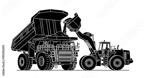 Heavy Machinery Dump Truck and Tractor Loader Silhouette.