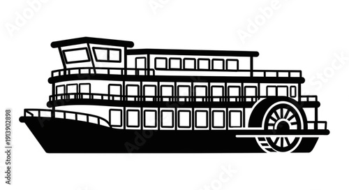Black and white illustration of a three-story paddle steamer boat.