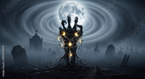 Wallpaper Mural Dark Fantasy Tree with Glowing Lanterns in a Misty Cemetery at Night Torontodigital.ca